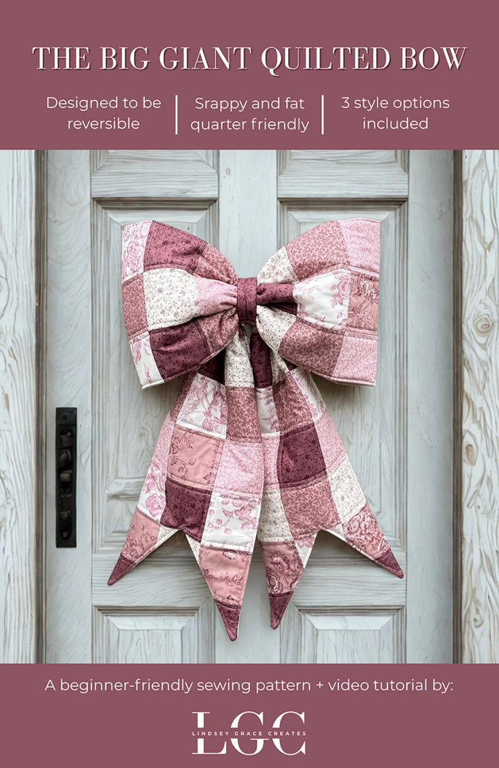 Quilted bow decoration on a door with text about the product.