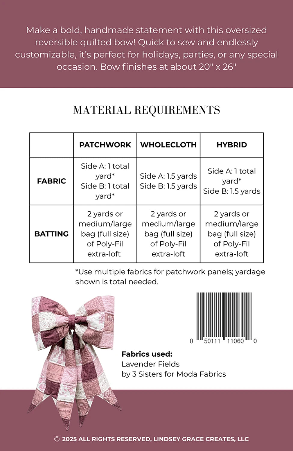 Back of a product packaging with text and a patchwork bow illustration on a purple background.