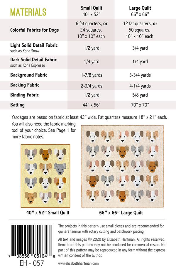 Fabric requirements chart for small and large dog-themed quilts with materials listed.