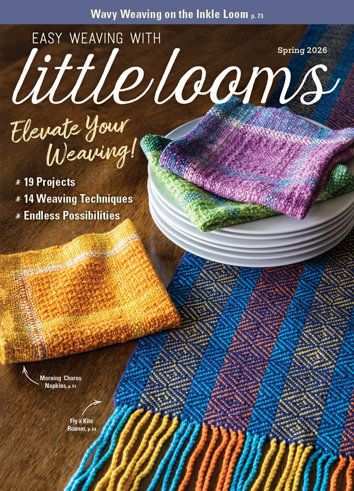 Magazine cover featuring colorful woven items on a wooden surface with text about weaving techniques.
