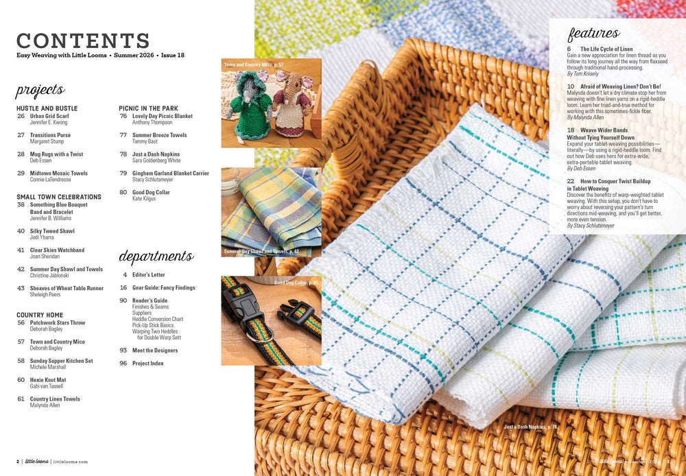 Magazine page with fabric items on a woven basket and text on the left