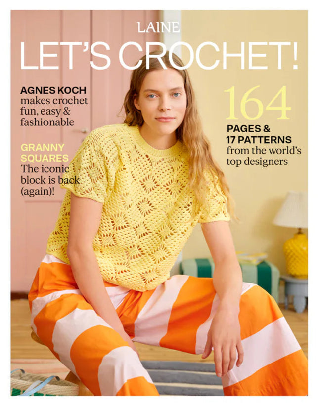 A magazine cover with the title across the top of a picture of a young white woman with long blonde wavy hair. She's sitting on a stool and wearing a crocheted yellow short sleeve top and pants with large horizontal orange and pink stripes.