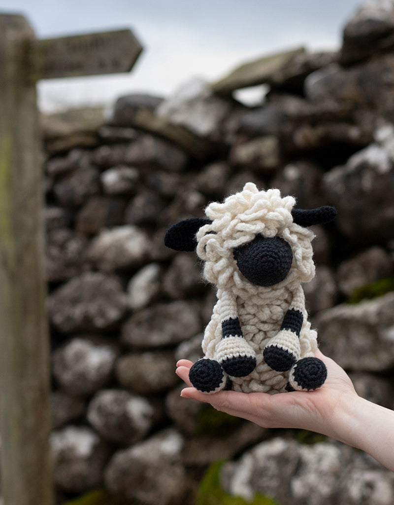 Completed Lisa the Black Nosed Sheep sitting on a woman's hand in front of a rock wall