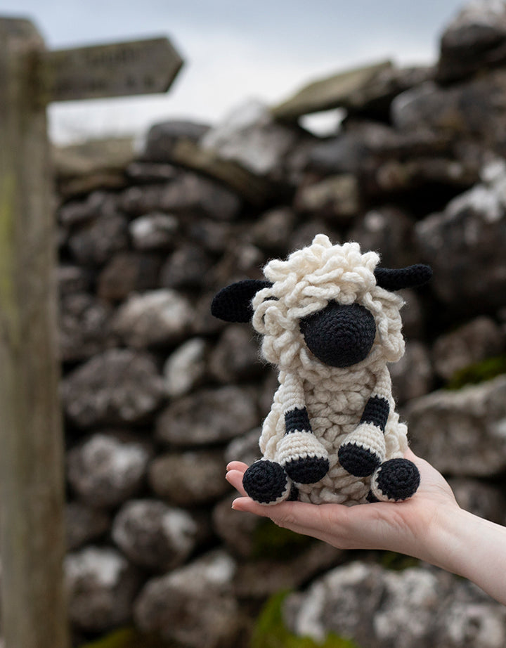 Completed Lisa the Black Nosed Sheep sitting on a woman's hand in front of a rock wall