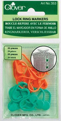 package of Clover locking ring (stitch) markers in orange and aqua, 10 of each color