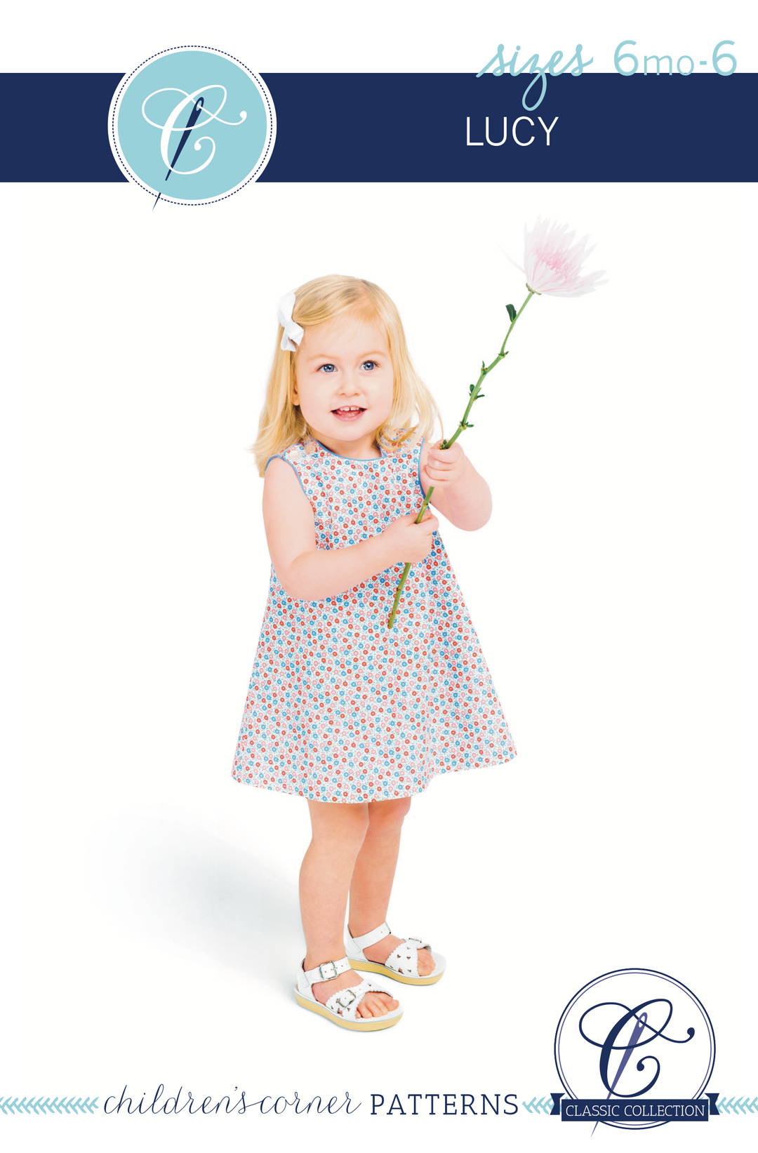 Young girl in a floral dress holding a flower, with branding elements on a white background