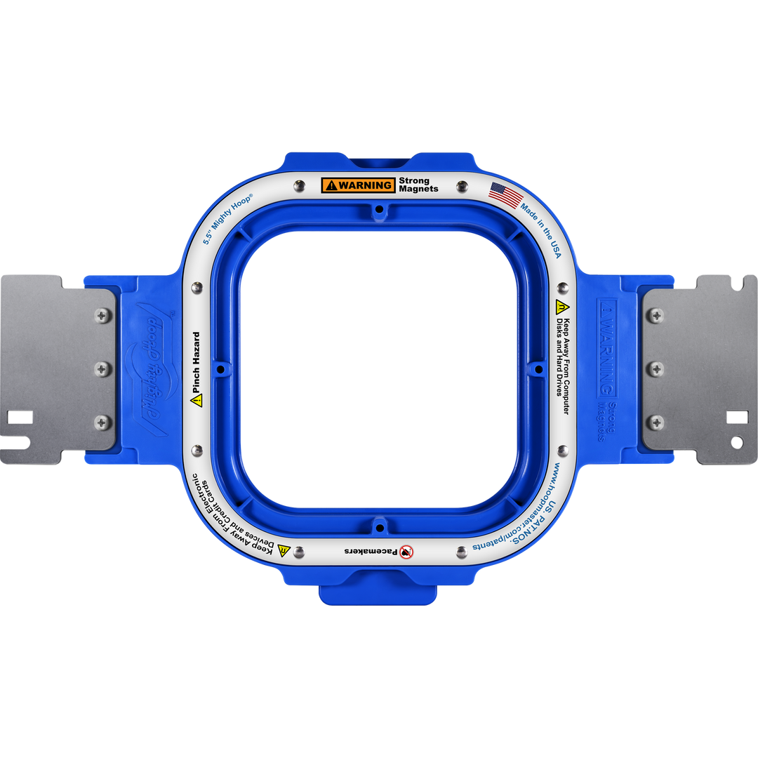 Blue metal frame with warning labels on a white background