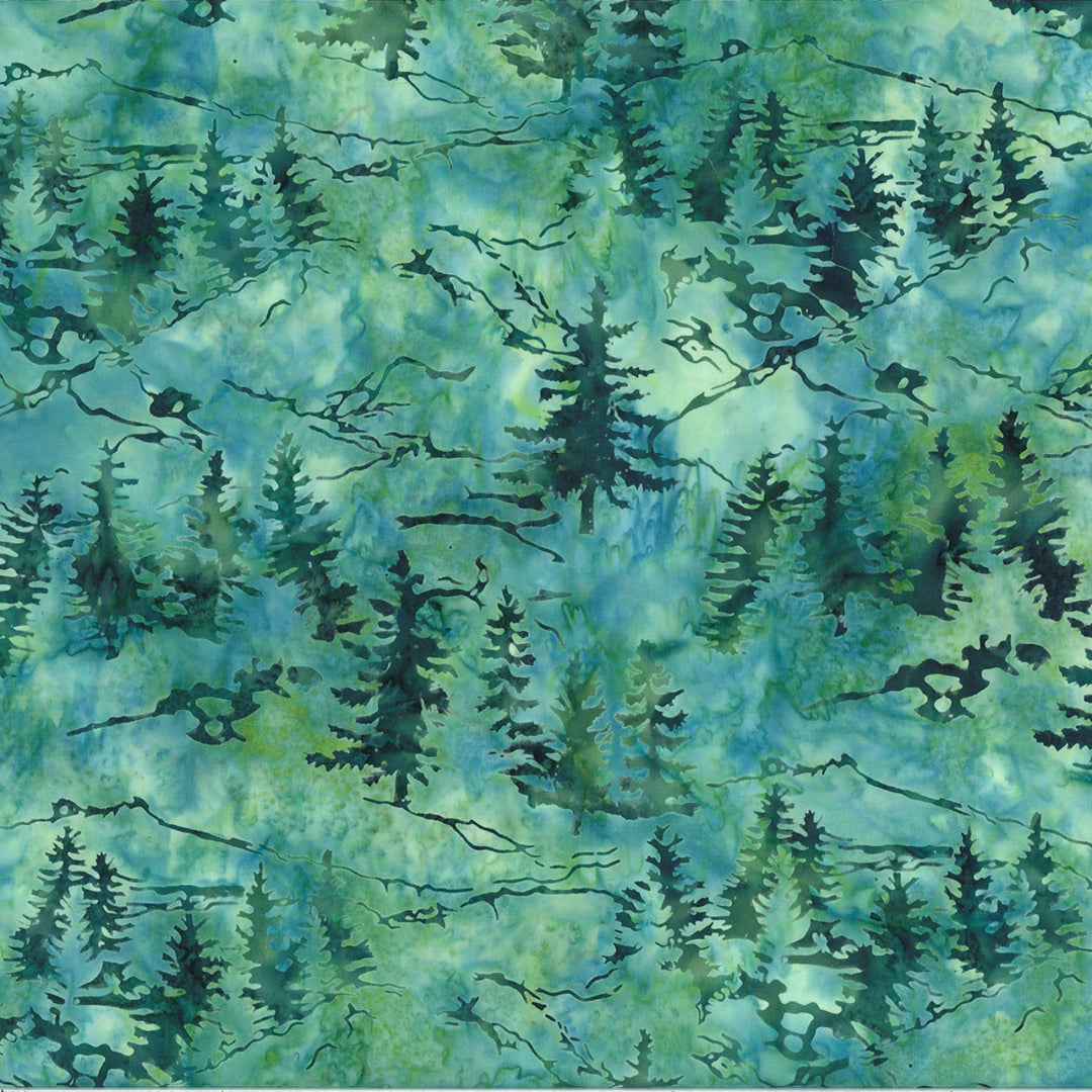 Pattern of trees on a watercolor background with shades of green and blue.