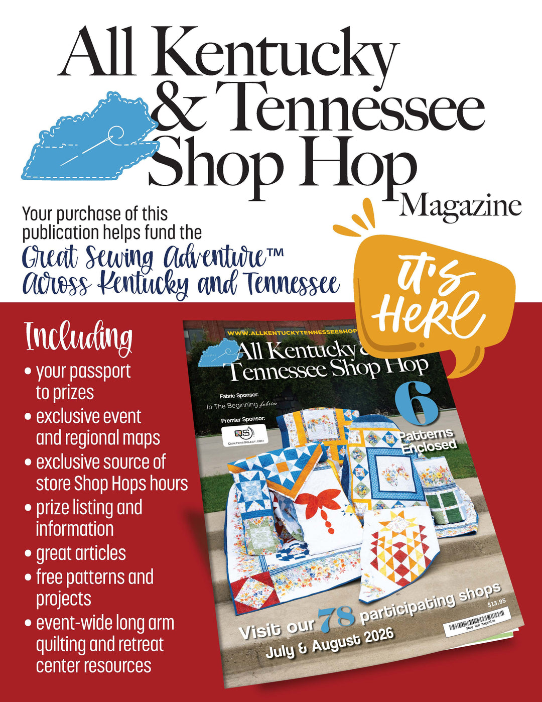 Promotional flyer for All Kentucky & Tennessee Shop Hop Magazine with a red background and magazine cover.