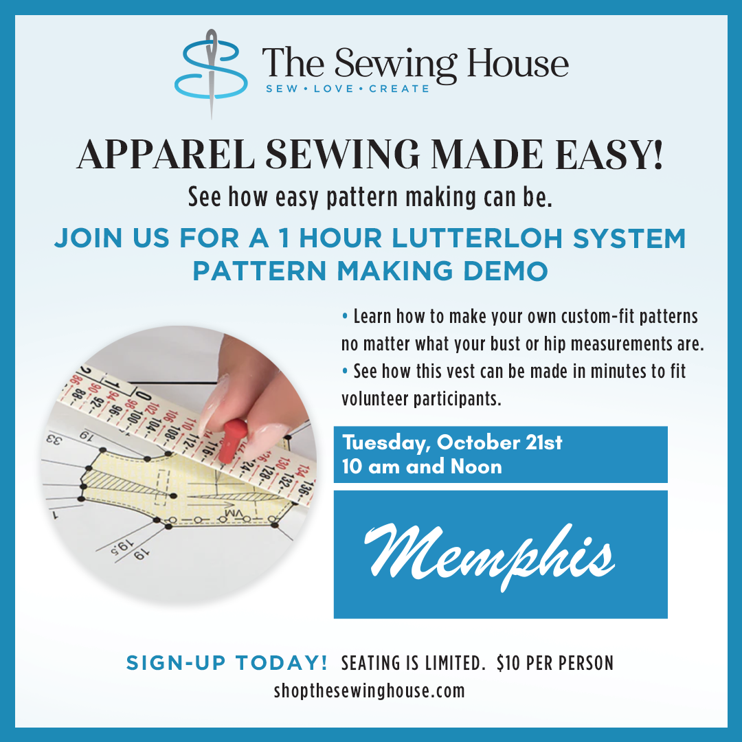 Advertisement for a sewing workshop at The Sewing House with text and a logo.