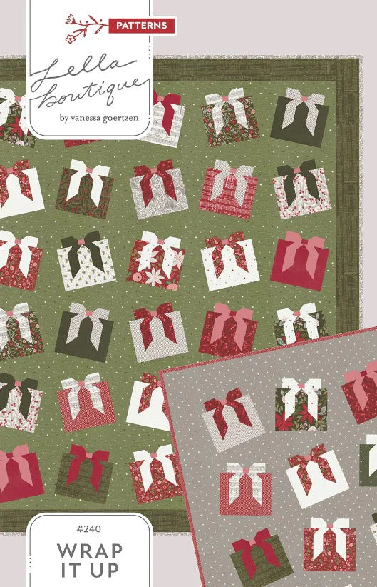 Lella Boutique quilt pattern with gift box designs on green and gray backgrounds.