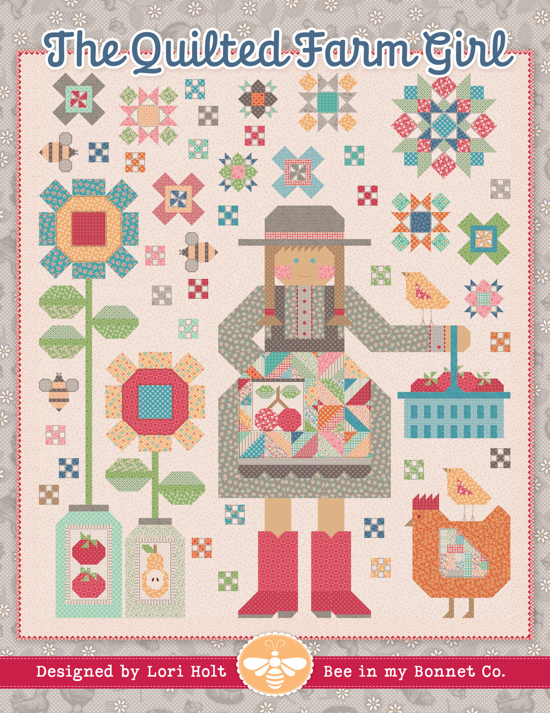 The Quilted Farm Girl Quilt Pattern. Farm girl holding a basket of tomatoes with chickens and flowers.
