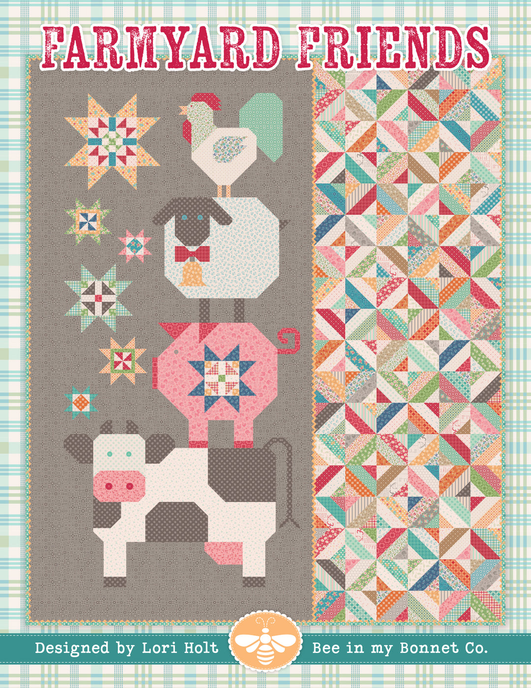 Farmyard Friends Pattern by Lori Holt. The quilt has a rooster, sheep, pig, and a cow. 