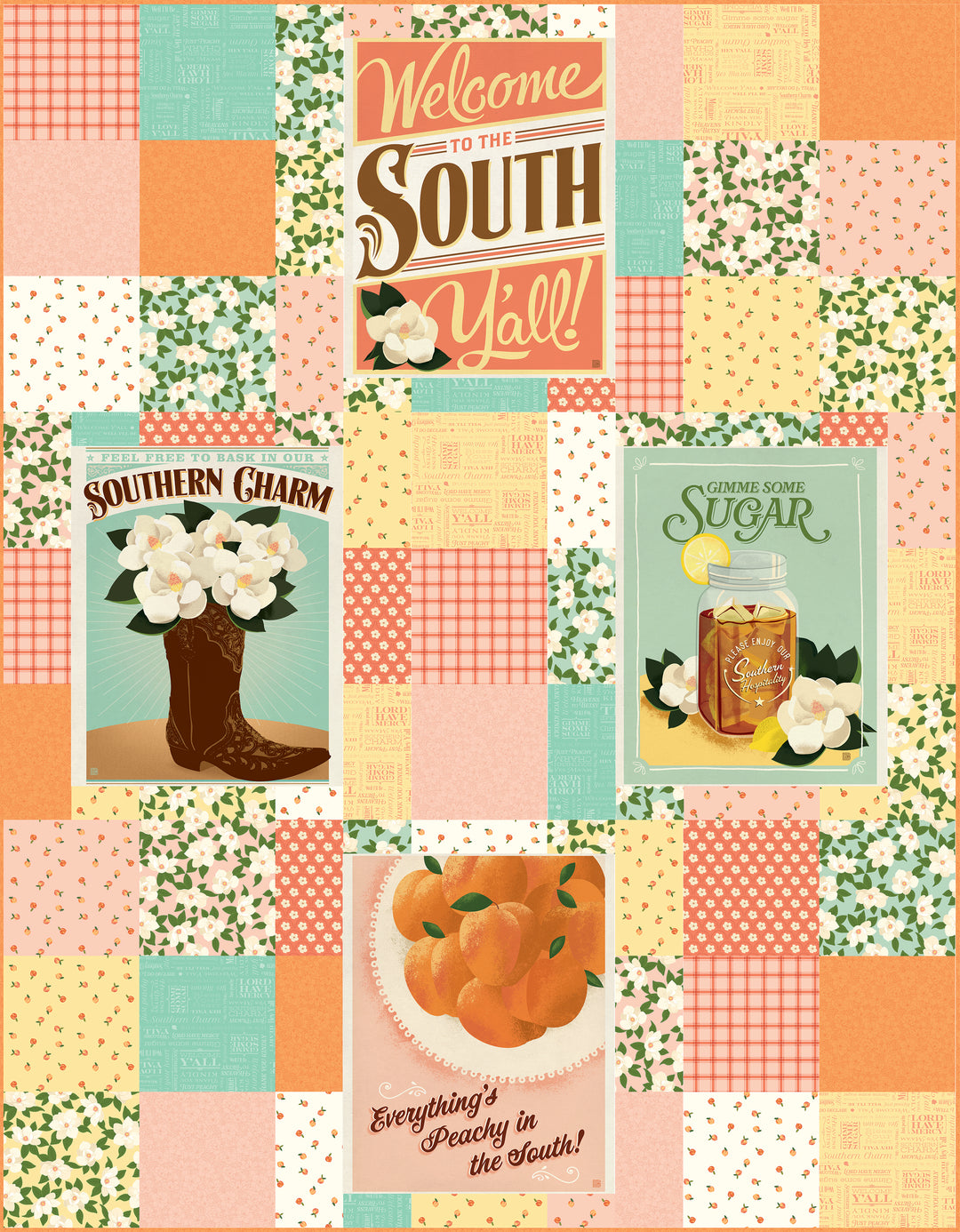 Patchwork-style design with Southern-themed graphics and text on a colorful background.