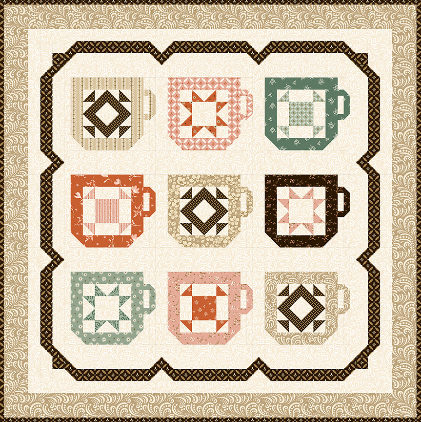 Patchwork quilt with coffee cup designs on a beige background