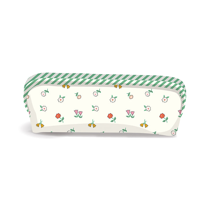 Rectangular pouch with floral pattern and green stripes on a white background