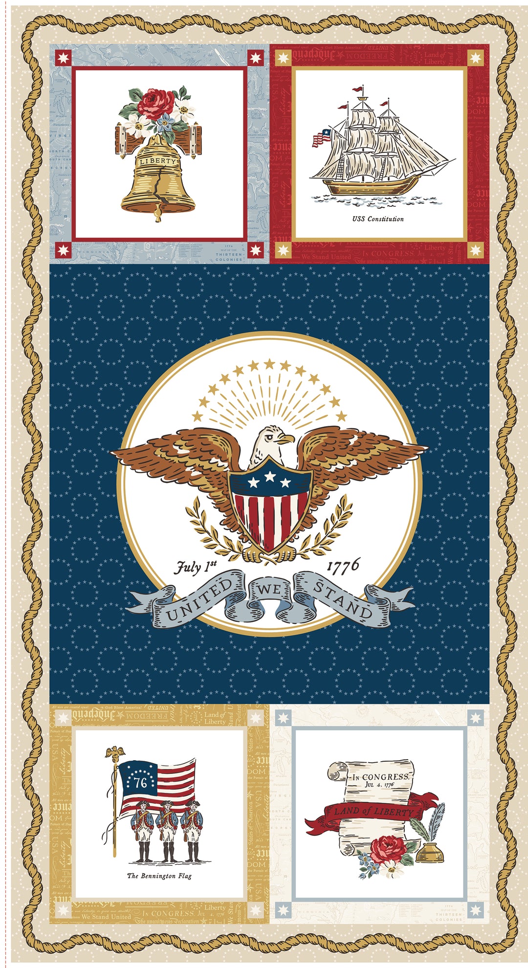 Decorative panel with American flag, eagle, and other patriotic elements on a blue background.