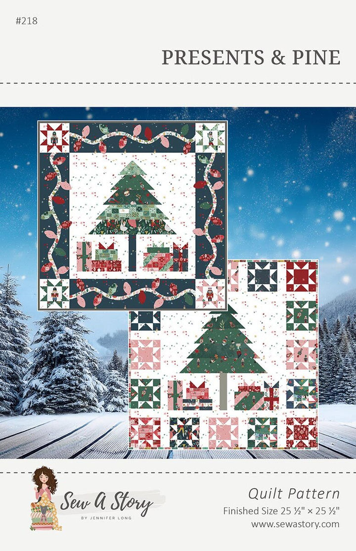 Quilt pattern with Christmas tree and gift design on a snowy landscape background