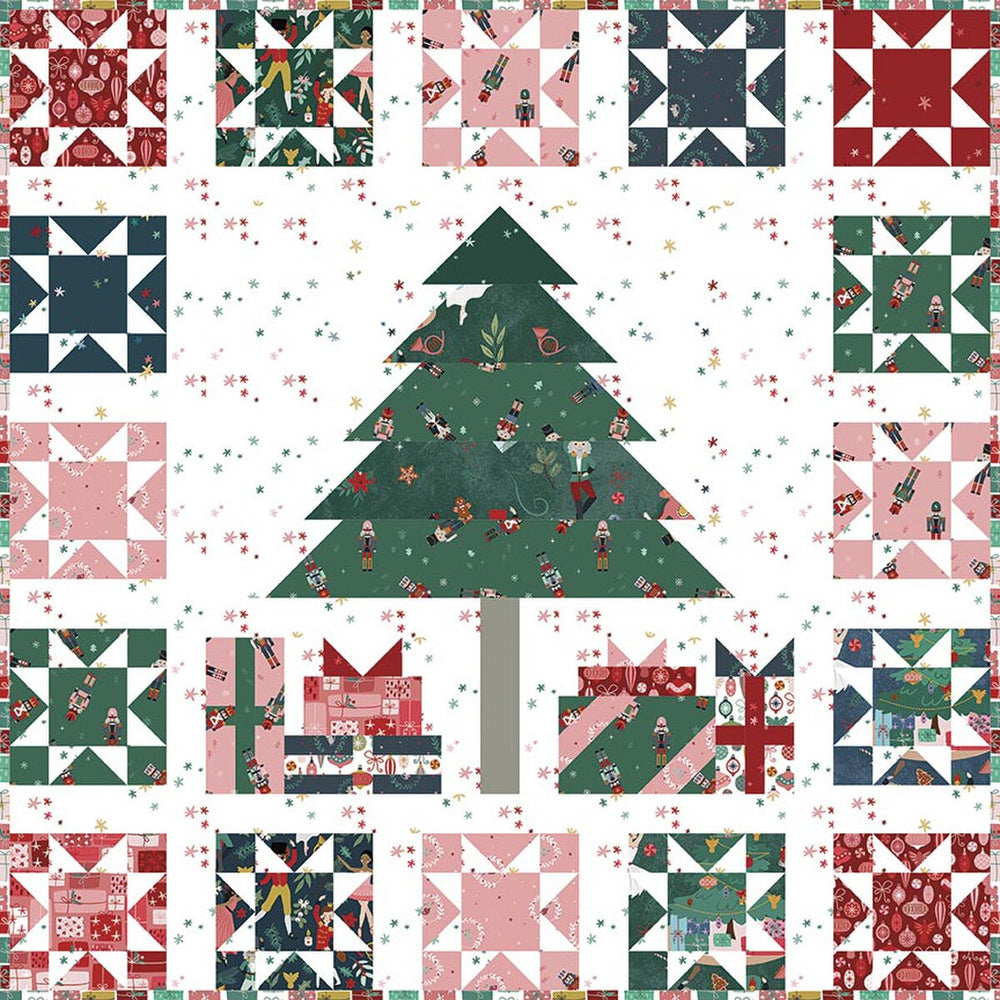 Quilt pattern with Christmas tree and presents on a white background