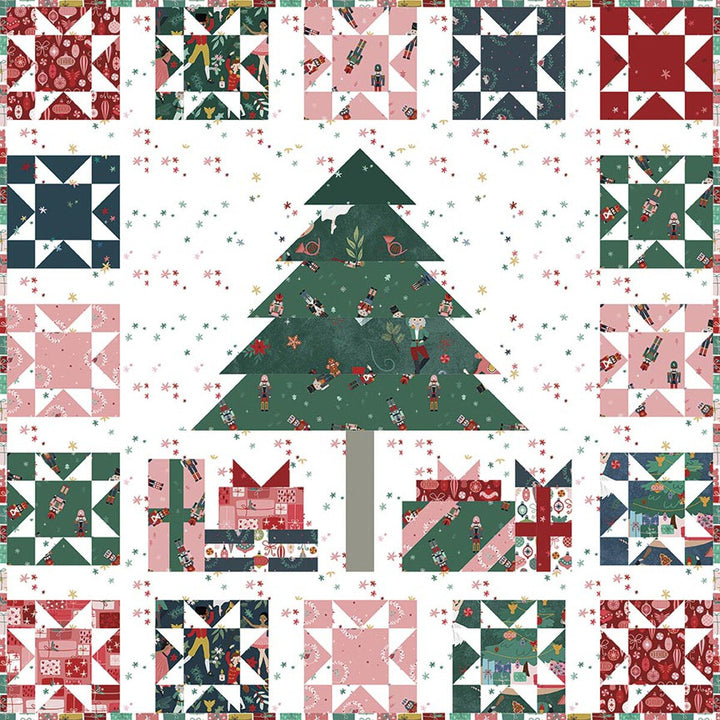 Quilt pattern with Christmas tree and presents on a white background