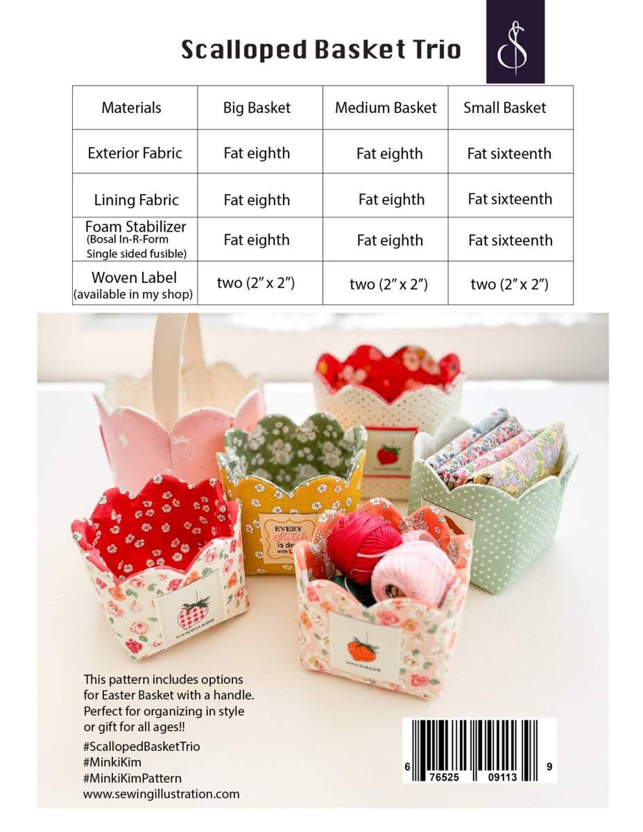 Pattern book cover for 'Scalloped Basket Trio' with fabric baskets and materials list.