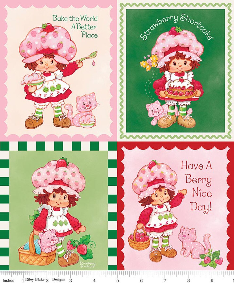 Four Strawberry Shortcake fabric panels with different poses and text on a white background.