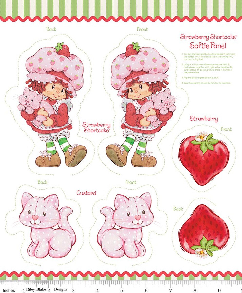 Strawberry Shortcake and her cat on a soft vinyl panel with measurements.