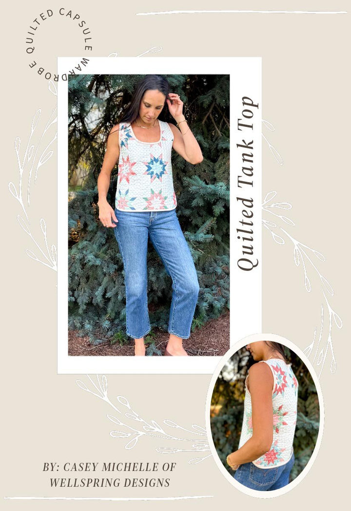 Woman wearing a floral quilted tank top and jeans outdoors, with text about the design by Wellspring Designs.