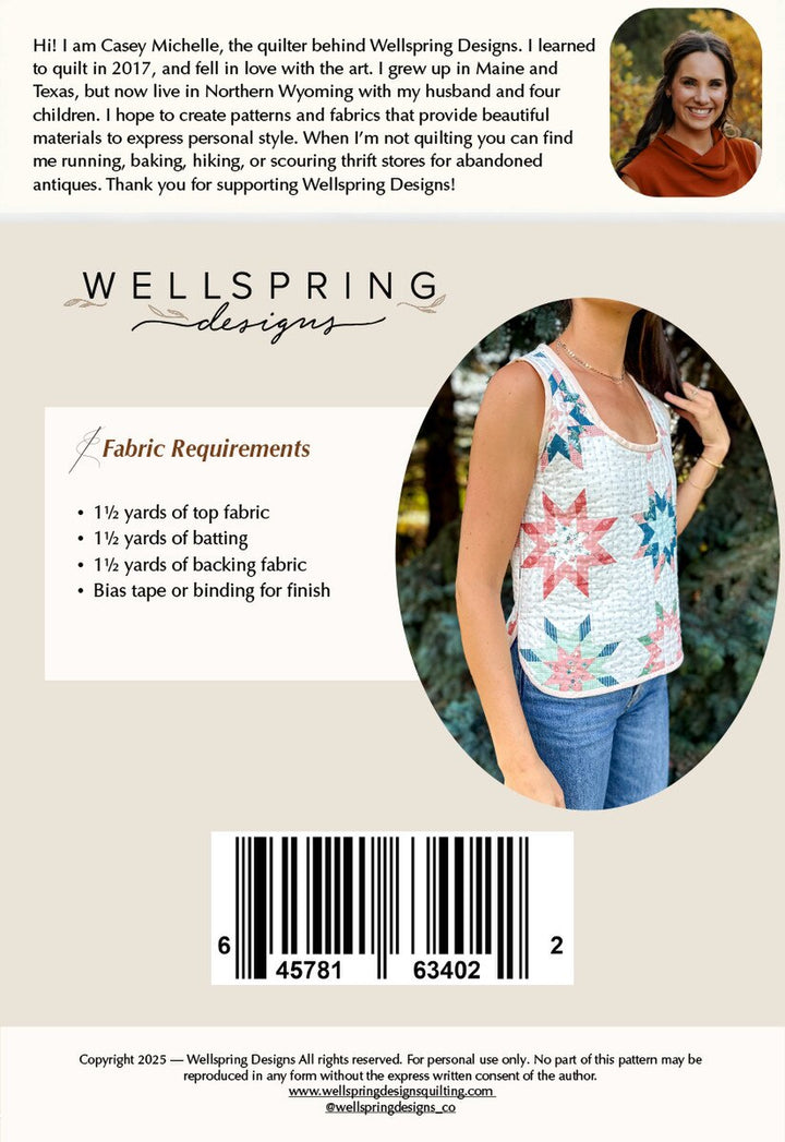 Wellspring Designs fabric requirements card with a woman wearing a floral tank top.