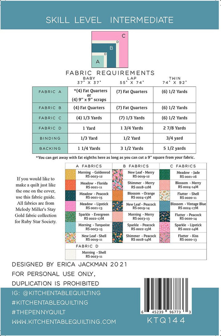 back of quilt package with fabric amounts required