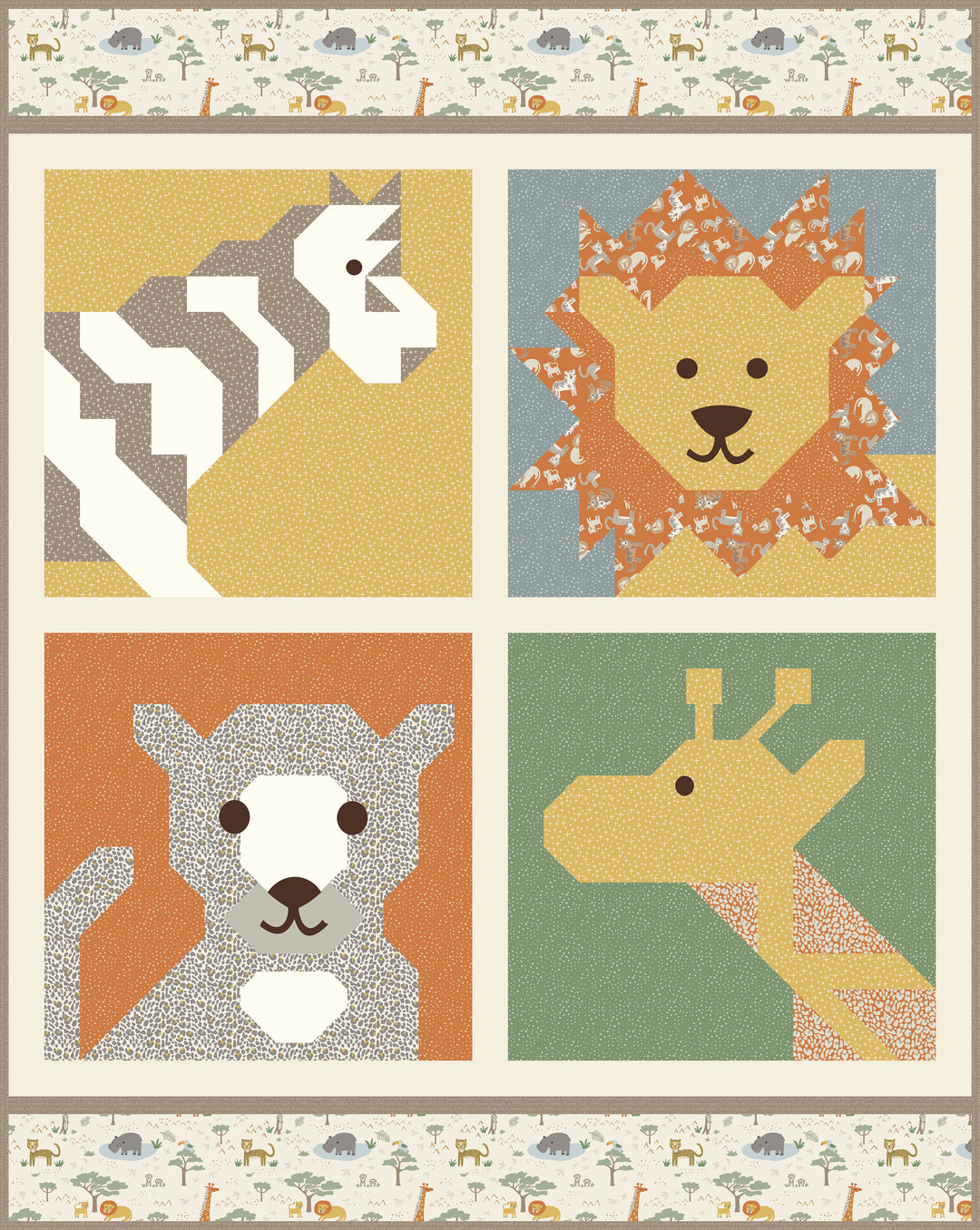 Children's quilt with animal-themed blocks featuring a zebra, lion, leopard, and giraffe.