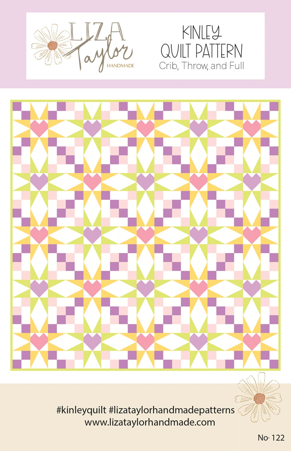 Quilt pattern design with hearts and geometric shapes on a pink background, featuring Liza Taylor's branding.