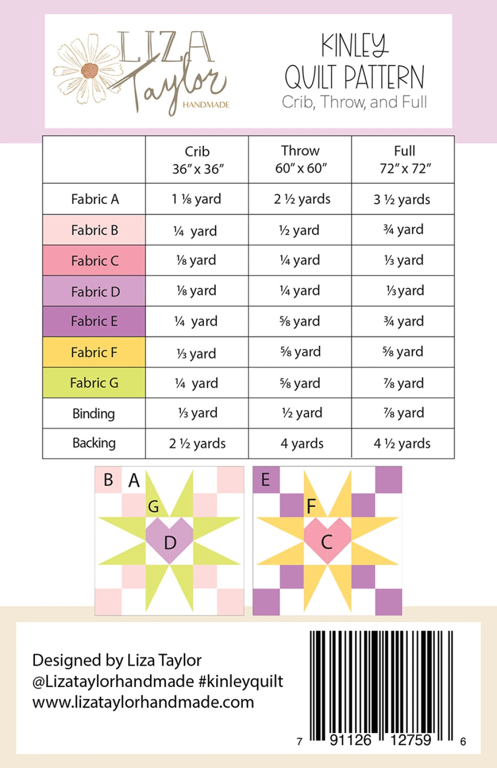 Quilt pattern chart for Kinley with fabric requirements and quilt design.