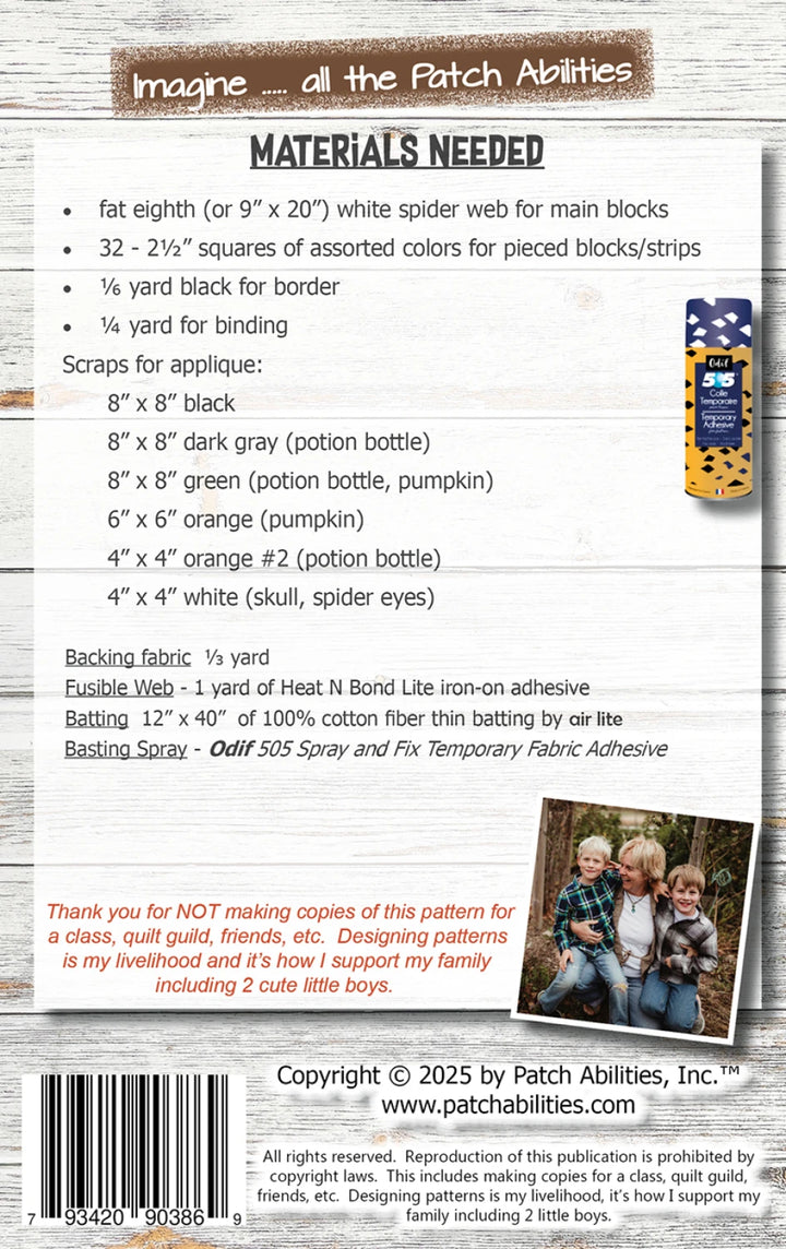 Pattern sheet for a quilt with material list and branding information.