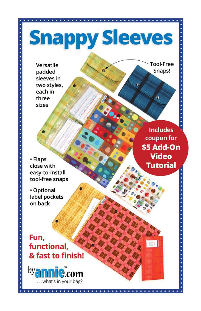 Pattern for Snappy Sleeves with colorful products and text about features and promotions.