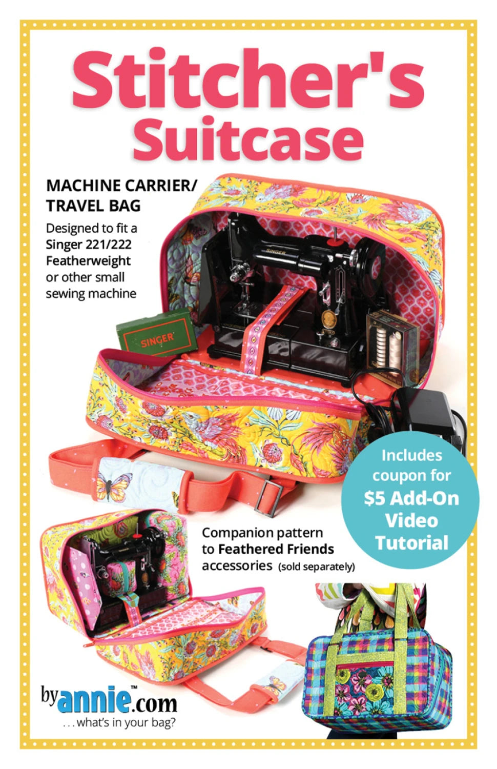 Stitcher's Suitcase with sewing machine, colorful design, and promotional text.