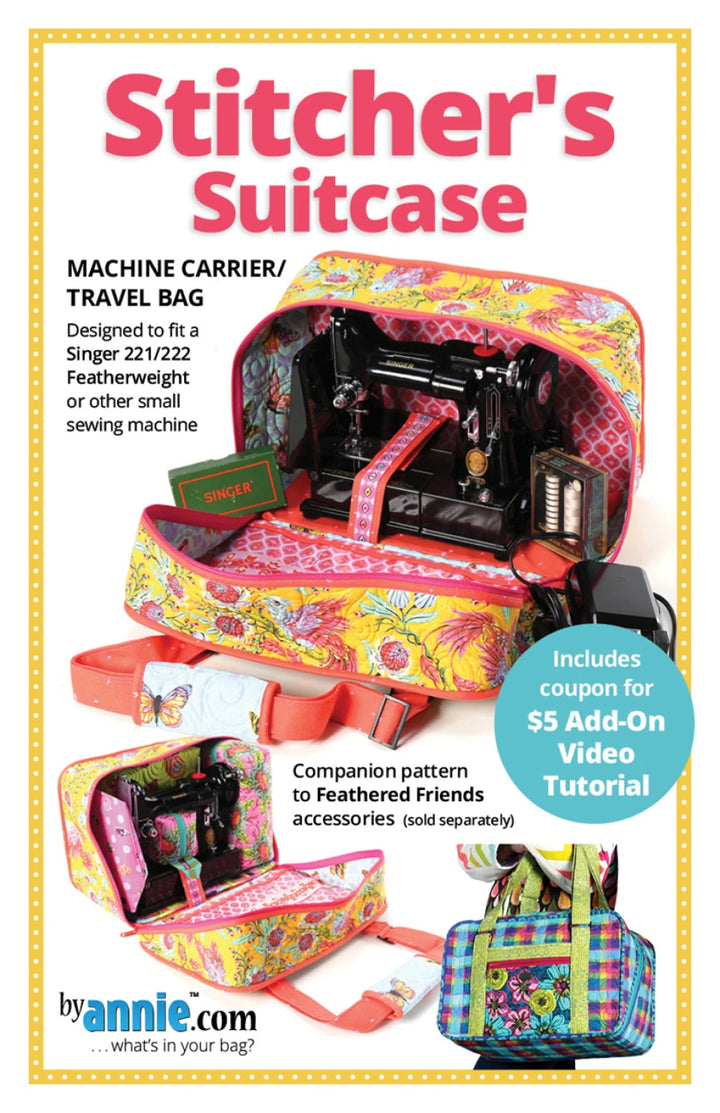 Stitcher's Suitcase with sewing machine, colorful design, and promotional text.