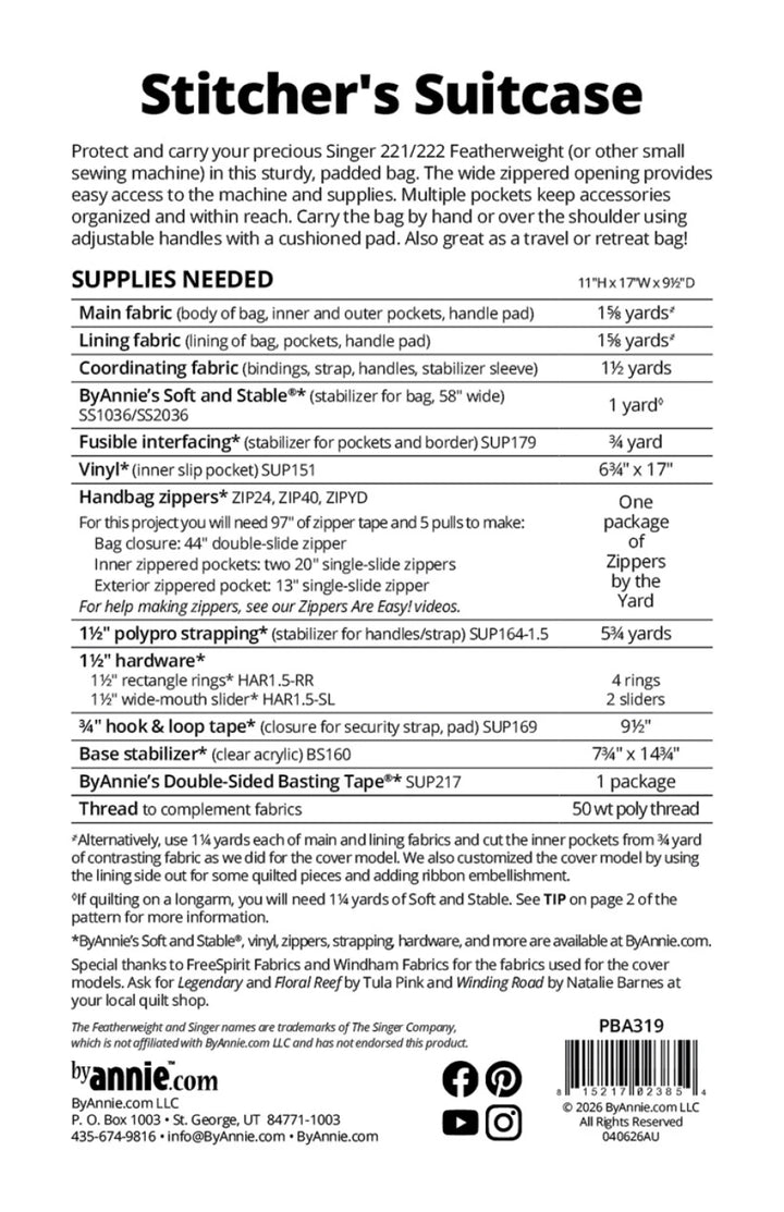 Product description sheet for a 'Stitcher's Suitcase' with text and a barcode on a white background.