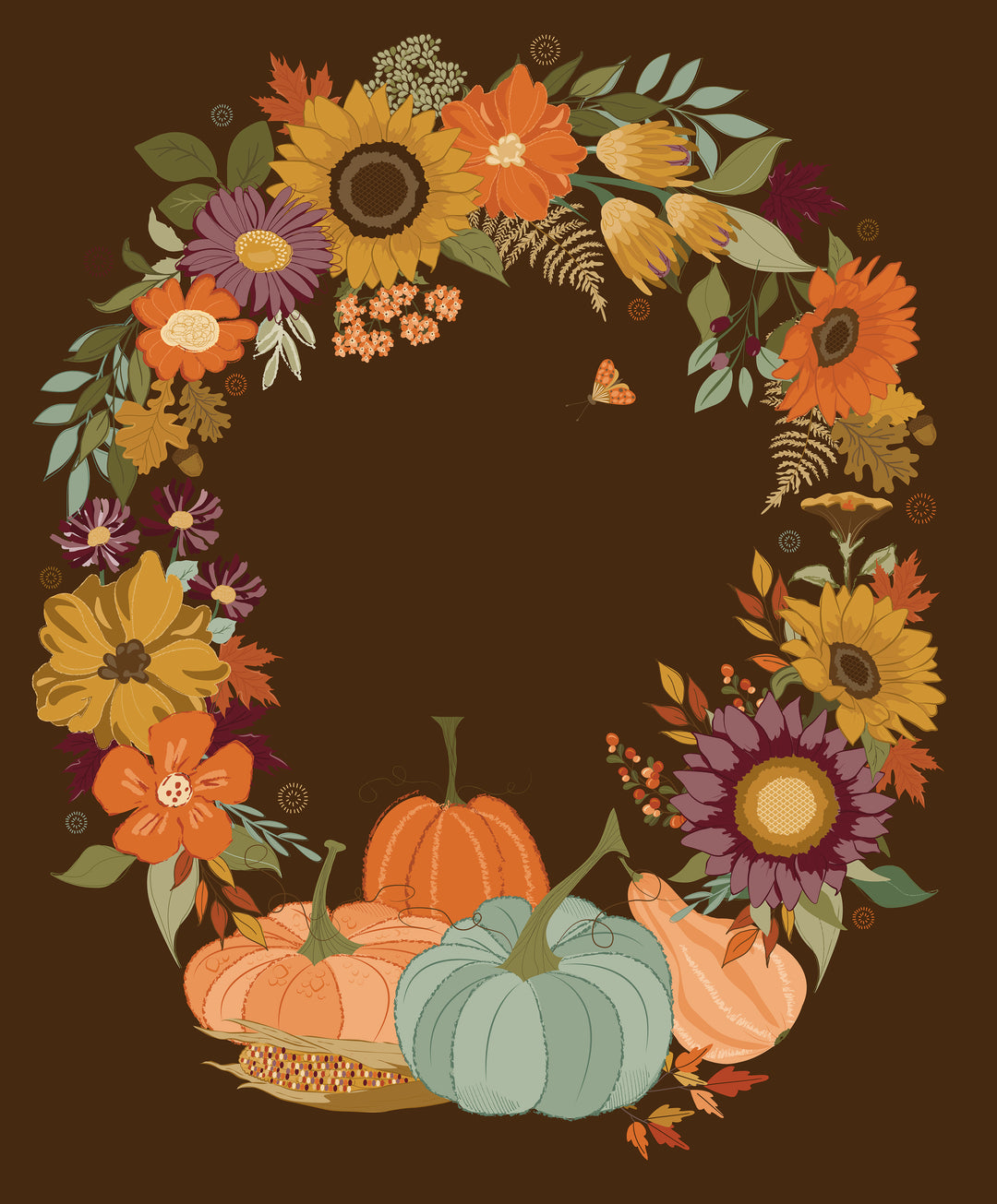 Decorative wreath with autumn flowers and pumpkins on a dark background
