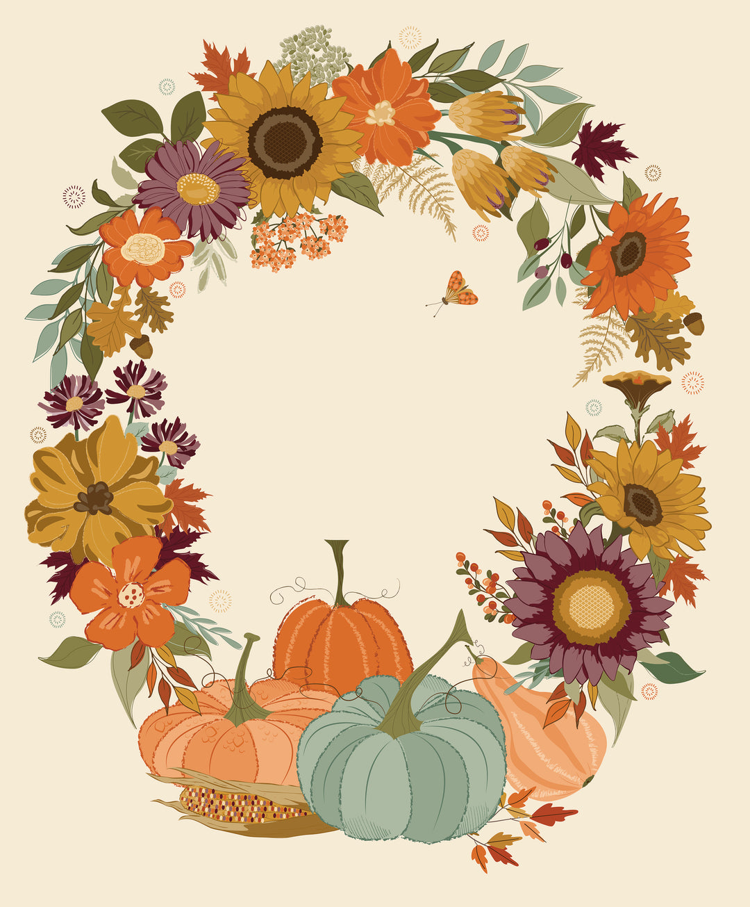 Decorative wreath with pumpkins and autumn flowers on a beige background