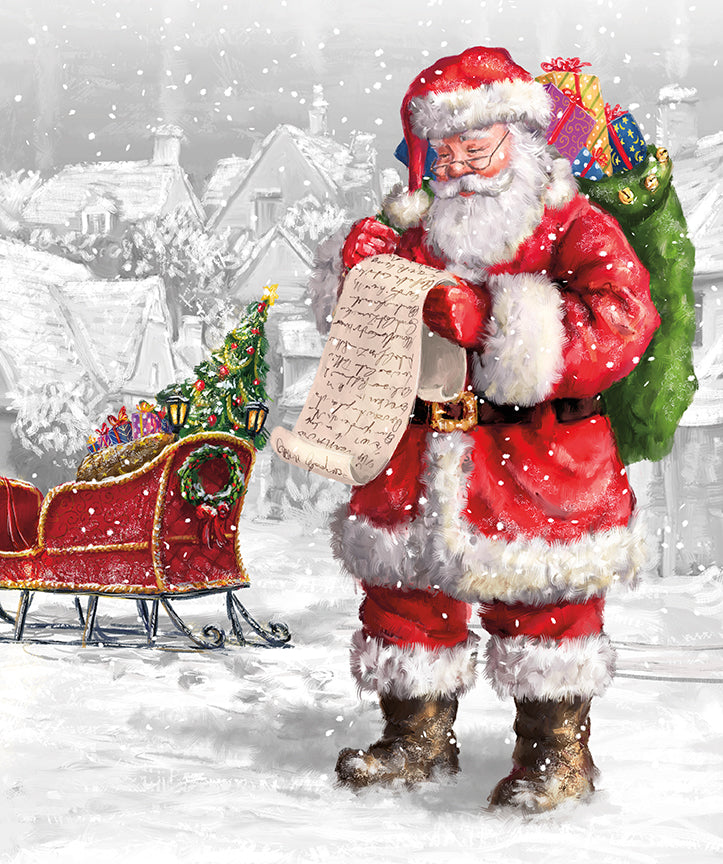 Santa Claus holding a list with a sleigh in the background, on a snowy landscape.