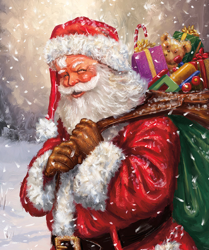 Illustration of Santa Claus with gifts and a teddy bear in the snow