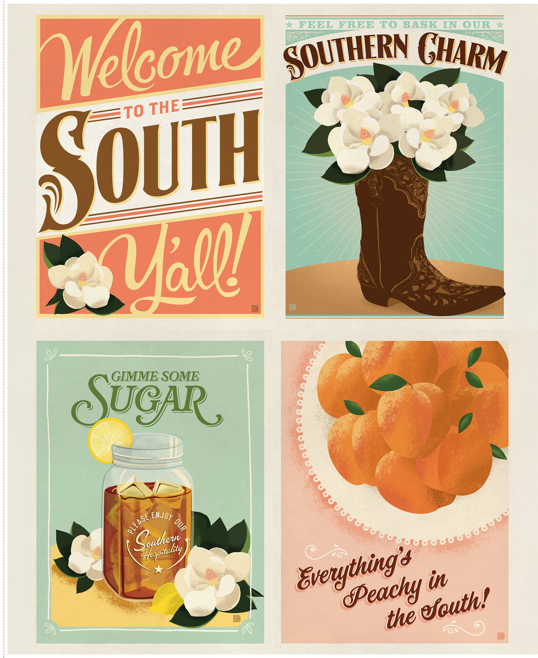 Four vintage-style quilt panels with Southern-themed graphics and text.