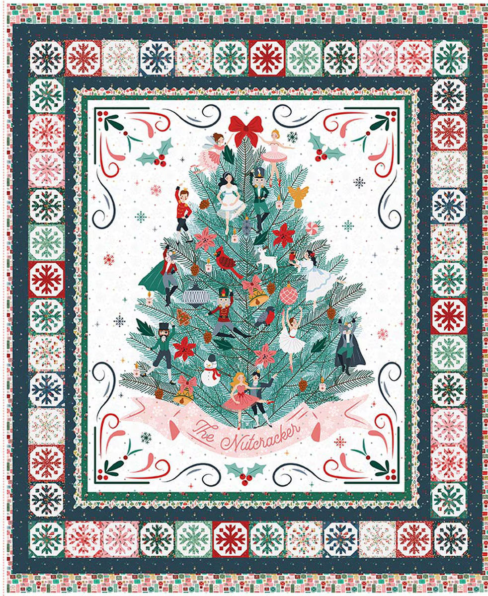 Decorative Christmas quilt with a tree and Nutcracker design, surrounded by festive patterns.