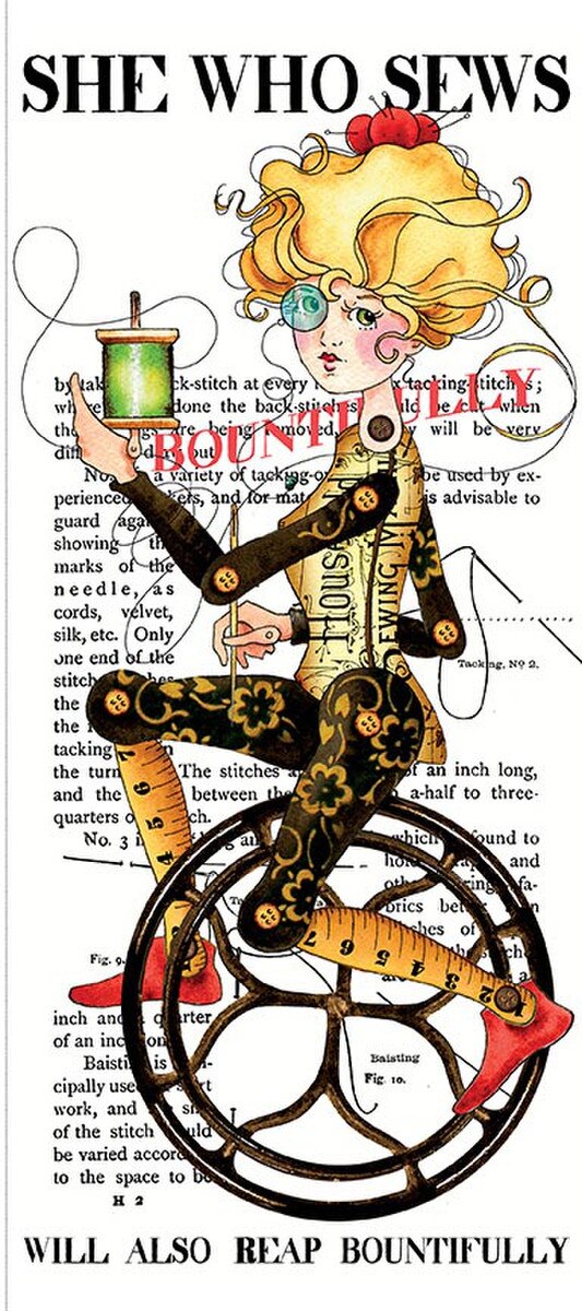 Illustration of a woman with tattoos sitting on a sewing machine, surrounded by sewing-related text and symbols.