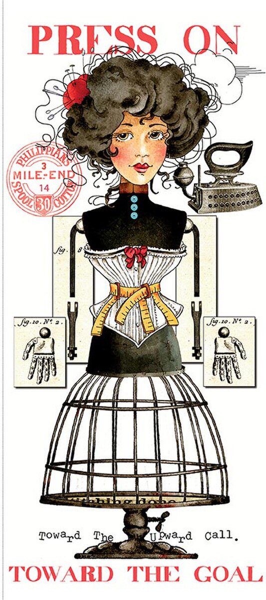 Illustration of a woman in a corset with text 'Press On Toward the Goal' and vintage elements.