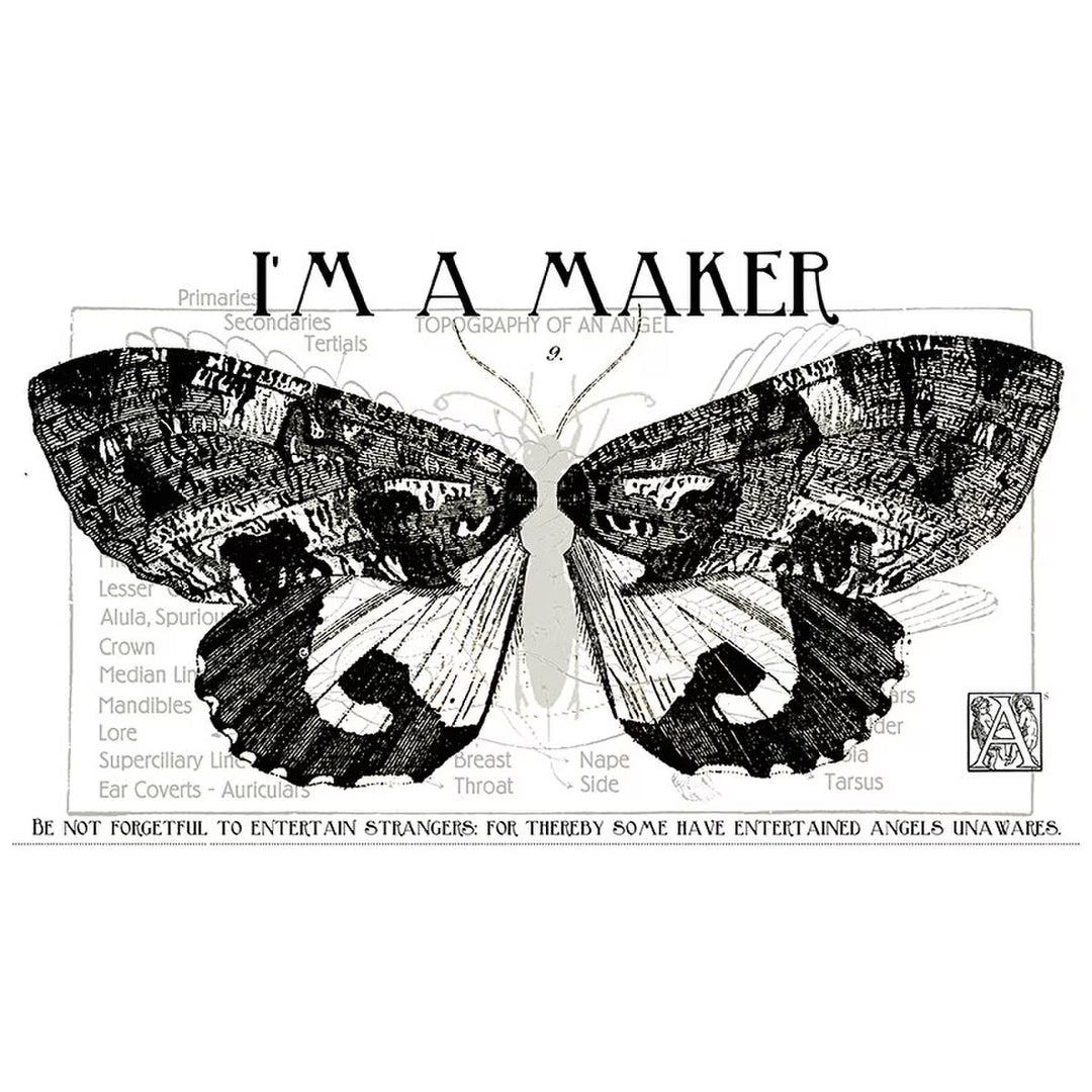 Black and white butterfly illustration with text on a white background