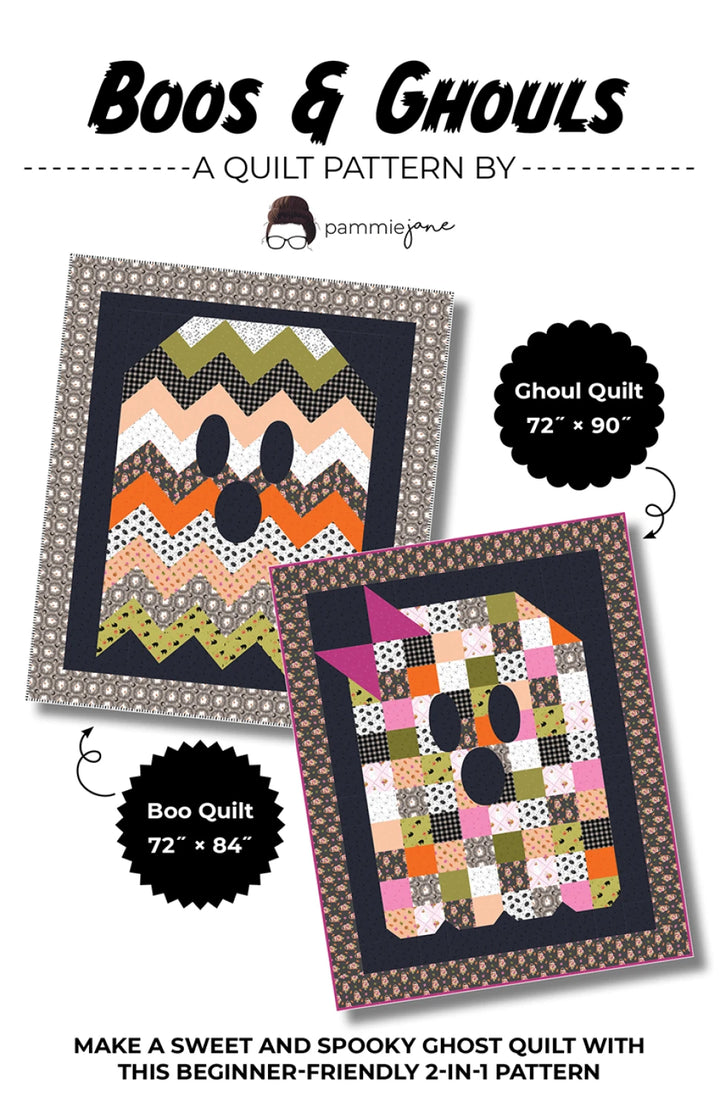 Quilt pattern packaging with two quilt designs titled 'Boo' and 'Ghoul' by Pammie Jane.