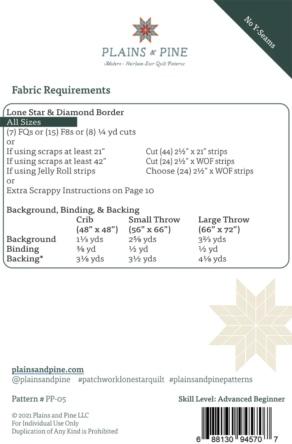 Fabric requirements card for a Lone Star & Diamond Border quilt pattern by Plains & Pine on a white background.
