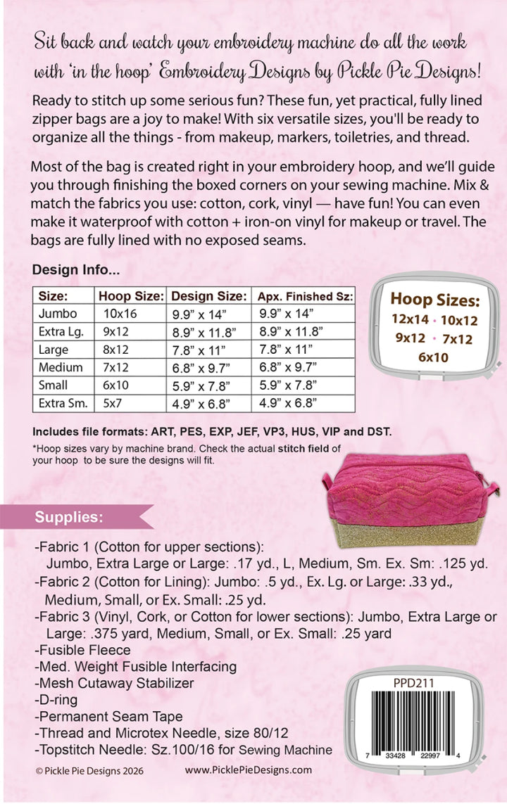 Boxy Zipper Bags In the Hoop Machine Embroidery Design Project - PPD211